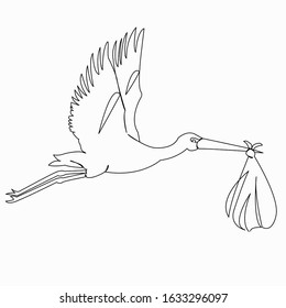 One Continuous Single Drawing Line Art Flat Doodle Stork, Birthday, Bird, Baby, Child, Birth. Isolated Image Hand Draw Contour On A White Background
