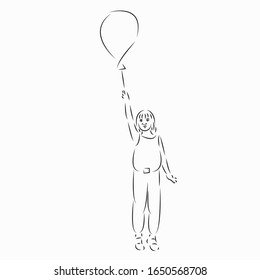 One continuous single drawing line art flat doodle girl, balloon, cute, kid, happy, childhood. Isolated image hand draw contour on a white background
