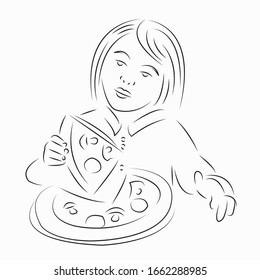One continuous single drawing line art flat doodle food, girl, pizza, lunch, eat. Isolated image hand draw contour on a white background
