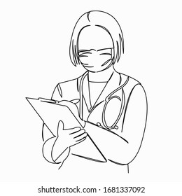 One continuous single drawing line art flat doodle doctor, mask, medical, health, protection. Isolated image hand draw contour on a white background
