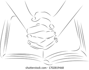 One continuous single drawing line art flat doodle hand, religious, religion, pray, book. Isolated flat illustration hand draw contour on a white background
