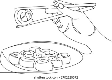 One continuous single drawing line art flat doodle chopstick, food, japanese, sushi, japan. Isolated image hand draw contour on a white background
