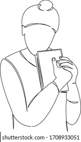 Una línea de dibujo única continua de la niña doodle plano, libro, hembra, niño, aprendizaje, estudio, libro de texto. Contorno de dibujo a mano de imagen aislada sobre fondo blanco
