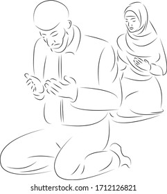 One continuous single drawing line art flat doodle drawing, flat, muslim, culture, islam, ramadan, religion, woman, male. Isolated image hand draw contour on a white background
