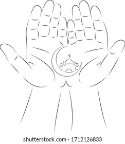 Una línea de dibujo continua doodle plano fe, mezquita, religión, islámico, musulmán, símbolo, rezar, manos, palma. Contorno de dibujo a mano de imagen aislada sobre fondo blanco
