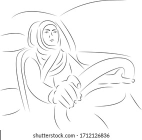 Eine durchgängige Einzeigerlinie Kunst flach doodle Fahrer, Muslim, Frau, Fahrzeug, arabisch. Einziger handgezeichneter Hintergrund
