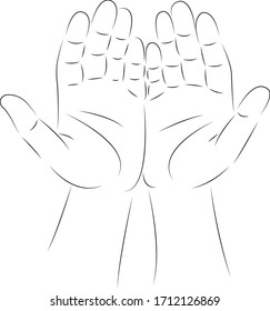 Una línea de dibujo continua de las manos planas de doodle, oración, rezo, religión, palmas, musulmanes. Contorno de dibujo a mano de imagen aislada sobre fondo blanco
