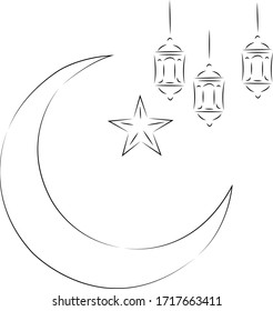 One continuous single drawing line art flat doodle moon, design, crescent, star, sky, night, islam, muslim. Isolated image hand draw contour on a white background
