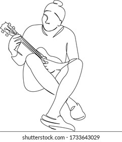 One continuous single drawing line art doodle girl, ukulele, music, female, instrument, musical. Isolated flat illustration hand draw contour on a white background
