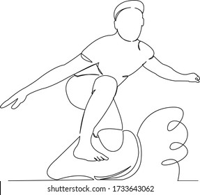 Una línea de arte de una sola línea de dibujo continua: una línea, surfista, surf, agua, verano, mar, deporte. Contorno de dibujo a mano de ilustración plana aislada en un fondo blanco
