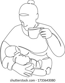 One continuous single drawing line art doodle parent, happy, mom, motherhood, care, love, milk, food. Isolated flat illustration hand draw contour on a white background
