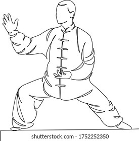 One continuous single drawing line art doodle qigong, chinese, exercise, people, health, sport, concentration, spirituality. Isolated flat illustration hand draw contour on a white background
