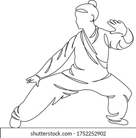 One continuous single drawing line art doodle qigong, chinese, exercise, people, health, sport, concentration, spirituality. Isolated flat illustration hand draw contour on a white background
