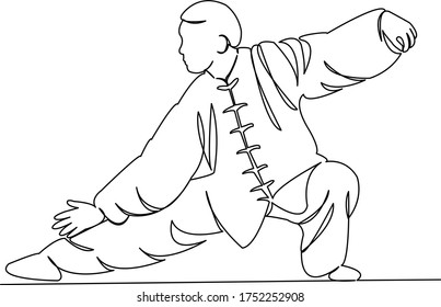 One continuous single drawing line art doodle qigong, chinese, exercise, people, health, sport, concentration, spirituality. Isolated flat illustration hand draw contour on a white background

