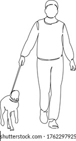 One continuous single drawing line art doodle dog, man, animal, one, walk. Isolated flat illustration hand draw contour on a white background

