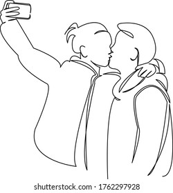 One continuous single drawing line art doodle couple, man, woman, love, photo, girl, romantic. Isolated flat illustration hand draw contour on a white background
