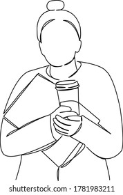 One continuous single drawing line art doodle student, female, girl, woman, coffee. Isolated flat illustration hand draw contour on a white background
