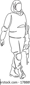 Una línea de dibujo continua de arte doodle musulmán, guerrero, mujer, luchador, gente, árabe, espada, soldado, arma. Contorno de dibujo a mano de ilustración plana aislada en un fondo blanco
