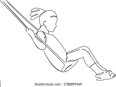 One continuous single drawing line art doodle happy, childhood, one, swing, girl. Isolated flat illustration hand draw contour on a white background

