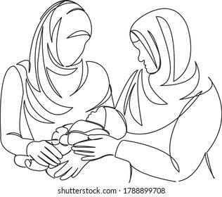 One continuous single drawing line art doodle parent, people, mother, newborn, muslim, islam, baby, family, woman, motherhood. Isolated flat illustration hand draw contour on a white background
