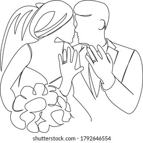 One continuous single drawing line art doodle wedding, bride, groom, couple, love, celebration, romantic. Isolated flat illustration hand draw contour on a white background
