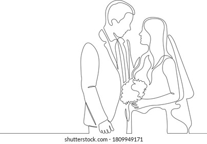 One continuous single drawing line art doodle wedding, bride, groom, couple, love, celebration, romantic.