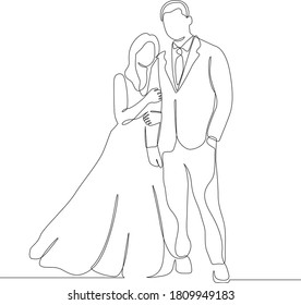 One continuous single drawing line art doodle wedding, bride, groom, couple, love, celebration, romantic.