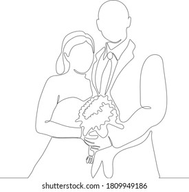 One continuous single drawing line art doodle wedding, bride, groom, couple, love, celebration, romantic.