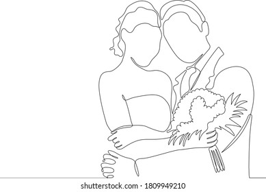 One continuous single drawing line art doodle wedding, bride, groom, couple, love, celebration, romantic.