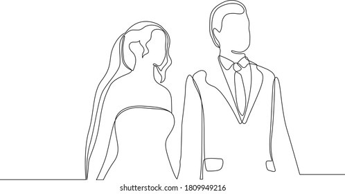 One continuous single drawing line art doodle wedding, bride, groom, couple, love, celebration, romantic.