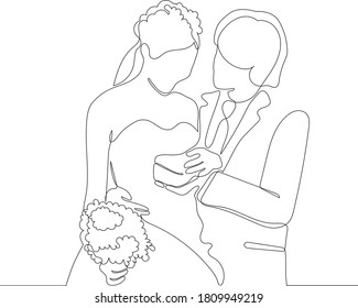 One continuous single drawing line art doodle wedding, bride, groom, couple, love, celebration, romantic.