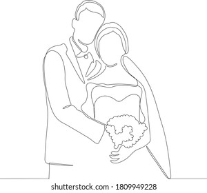 One continuous single drawing line art doodle wedding, bride, groom, couple, love, celebration, romantic.