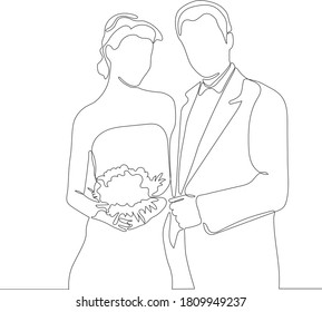 One continuous single drawing line art doodle wedding, bride, groom, couple, love, celebration, romantic.