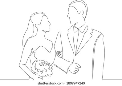 One continuous single drawing line art doodle wedding, bride, groom, couple, love, celebration, romantic.