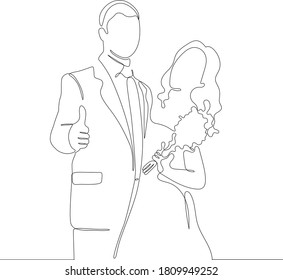 One continuous single drawing line art doodle wedding, bride, groom, couple, love, celebration, romantic.