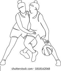 Una niña de garabato, baloncesto, joven, baloncesto, deporte. Contorno de dibujo a mano de ilustración plana aislada en un fondo blanco
