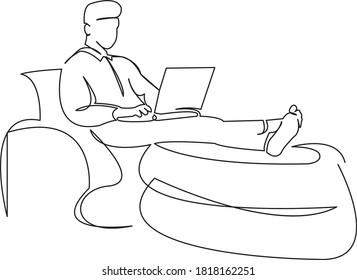 Un sofá de caricatura de una línea de dibujo, macho, casa, hombre, sofá. Contorno de dibujo a mano de ilustración plana aislada en un fondo blanco
