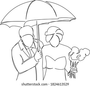 One continuous single drawing line art flat doodle newlywed, people, couple, love, bride, umbrella, wedding. Isolated image hand draw contour on a white background
