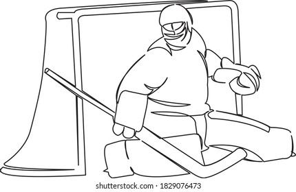 One continuous single drawing line art flat doodle sport, hockey, ice, people, athlete, puck, goal, championship. Isolated image hand draw contour on a white background
