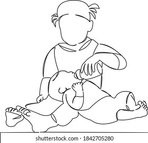 Una línea de dibujo única continua arte garabato plano del recién nacido, bebé, niño, cuidado, comida, niñez, amor, familia, enfermería. Contorno de dibujo a mano de imagen aislada en un fondo blanco
