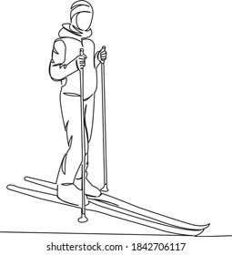 One continuous single drawing line art flat doodle ski, girl, winter, mountain, snow. Isolated image hand draw contour on a white background
