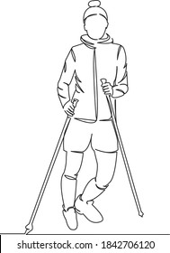 Una línea de dibujo continua de una niña de garabato plano, hembra, sana, deportiva, palo, nórdica, activa, entrenamiento, montaña. Contorno de dibujo a mano de imagen aislada en un fondo blanco
