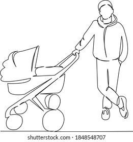 One continuous single drawing line art flat doodle  single, father, baby, family, child, stroller. Isolated image hand draw contour on a white background
