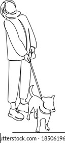 One continuous single drawing line art flat doodle pet, dog, woman, one, girl, animal. Isolated image hand draw contour on a white background
