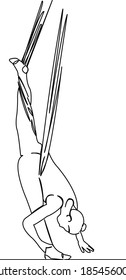 One continuous single drawing line art flat doodle yoga, hammock, aerial, fitness, balance, sport, antigravity. Isolated image hand draw contour on a white background
