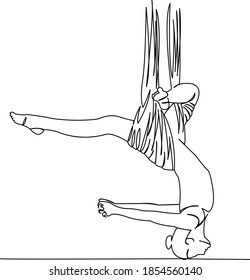 One continuous single drawing line art flat doodle yoga, hammock, aerial, fitness, balance, sport, antigravity. Isolated image hand draw contour on a white background
