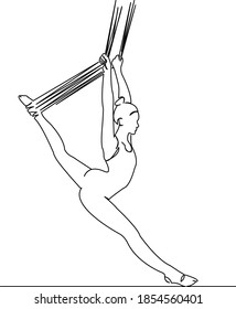 One continuous single drawing line art flat doodle yoga, hammock, aerial, fitness, balance, sport, antigravity. Isolated image hand draw contour on a white background
