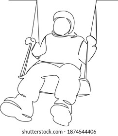 One continuous single drawing line art flat doodle swing, fun, boy, outdoor, childhood, play, height, up, flying. Isolated image hand draw contour on a white background
