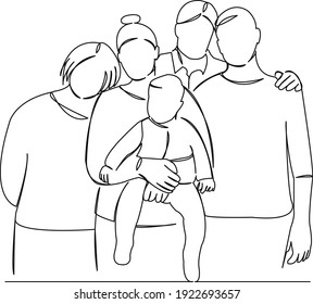 One Continuous Single Drawing Line Art Flat Doodle Grandparent, Grandma, Grandpa, Baby, Family, Parent, Mom, Grandchildren. Isolated Image Hand Draw Contour On A White Background
