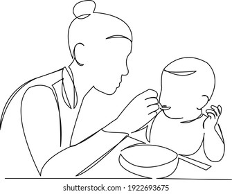 One continuous single drawing line art flat doodle happy, mom, one, illustration, mother, love, food, nursing. Isolated image hand draw contour on a white background
